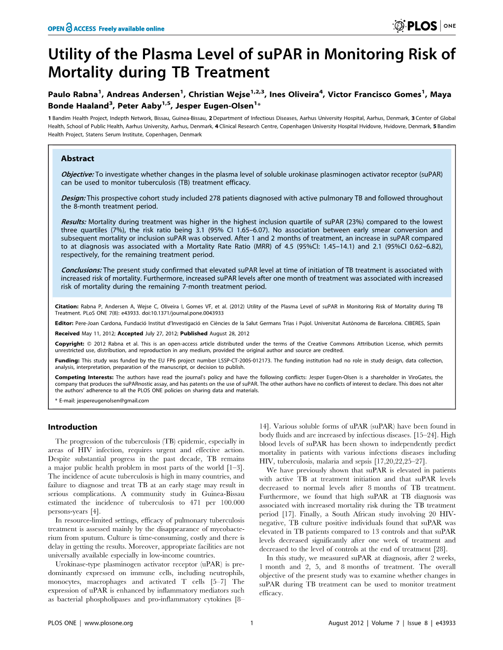 Utility of the Plasma Level of Supar in Monitoring Risk of Mortality During TB Treatment