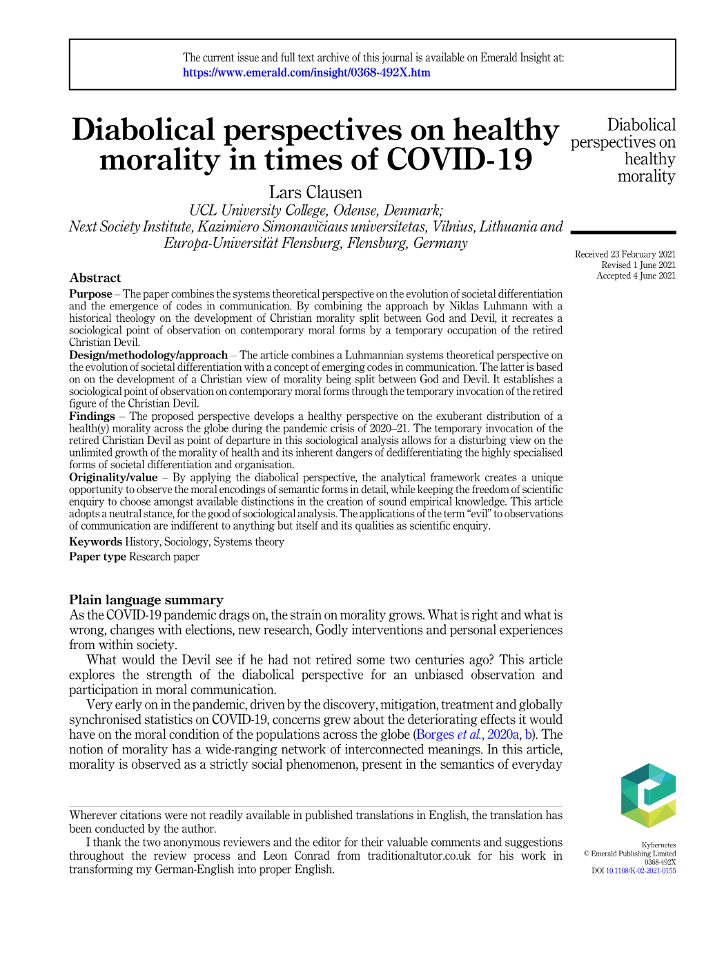 Diabolical Perspectives on Healthy Morality in Times of COVID-19