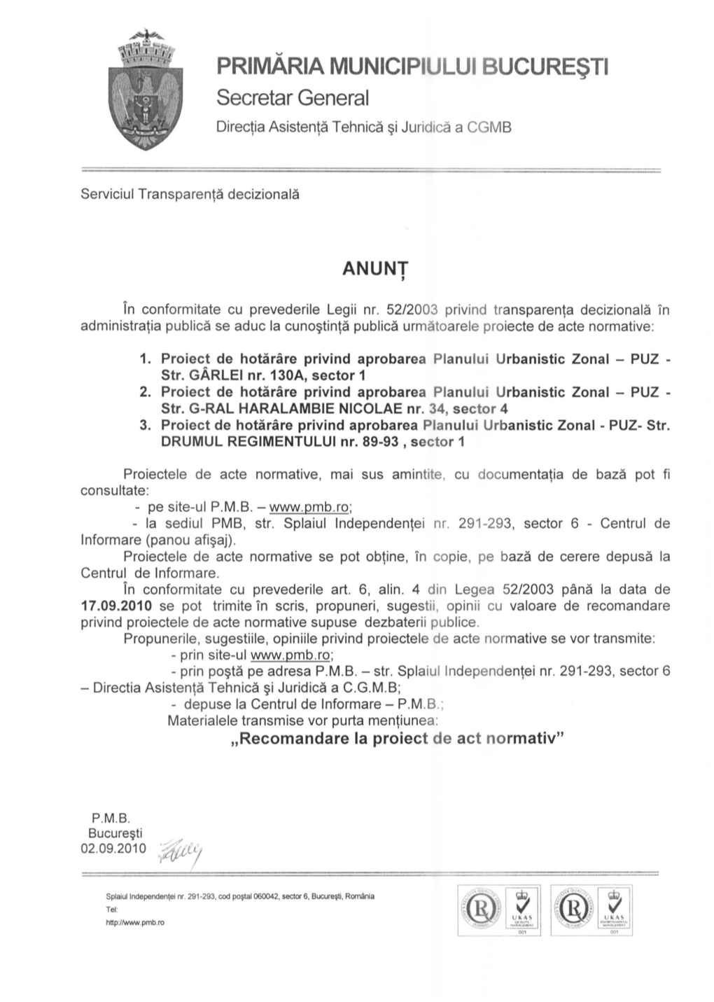 PRIMARIA MUNICIPIULUI BUCUREŞTI Secretar General Direcţia Asistenţă Tehnică Şi Juridică a CGMB