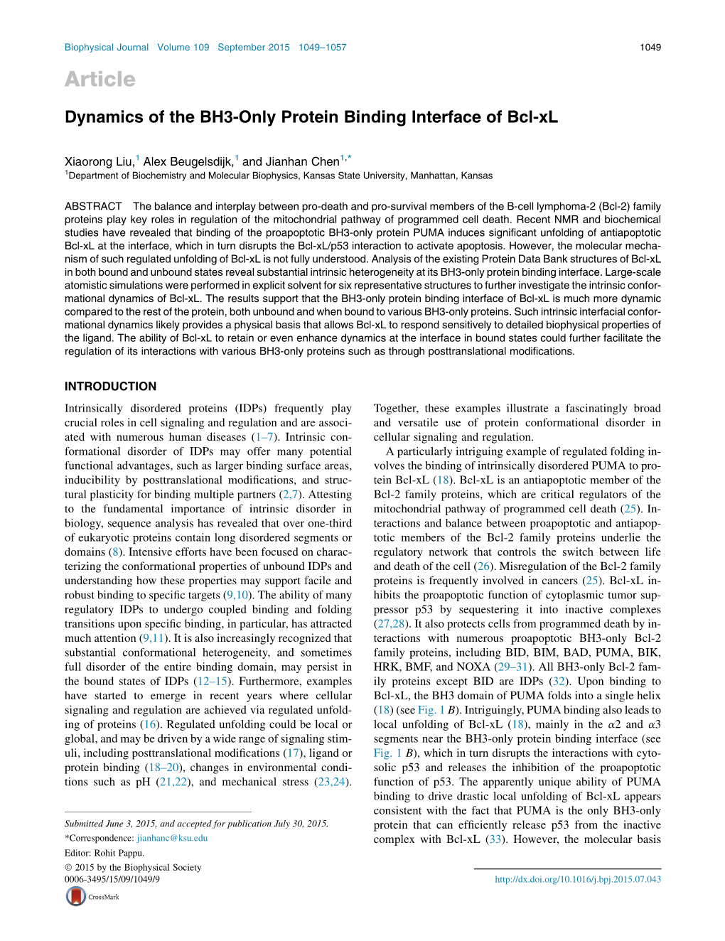 Dynamics of the BH3-Only Protein Binding Interface of Bcl-Xl