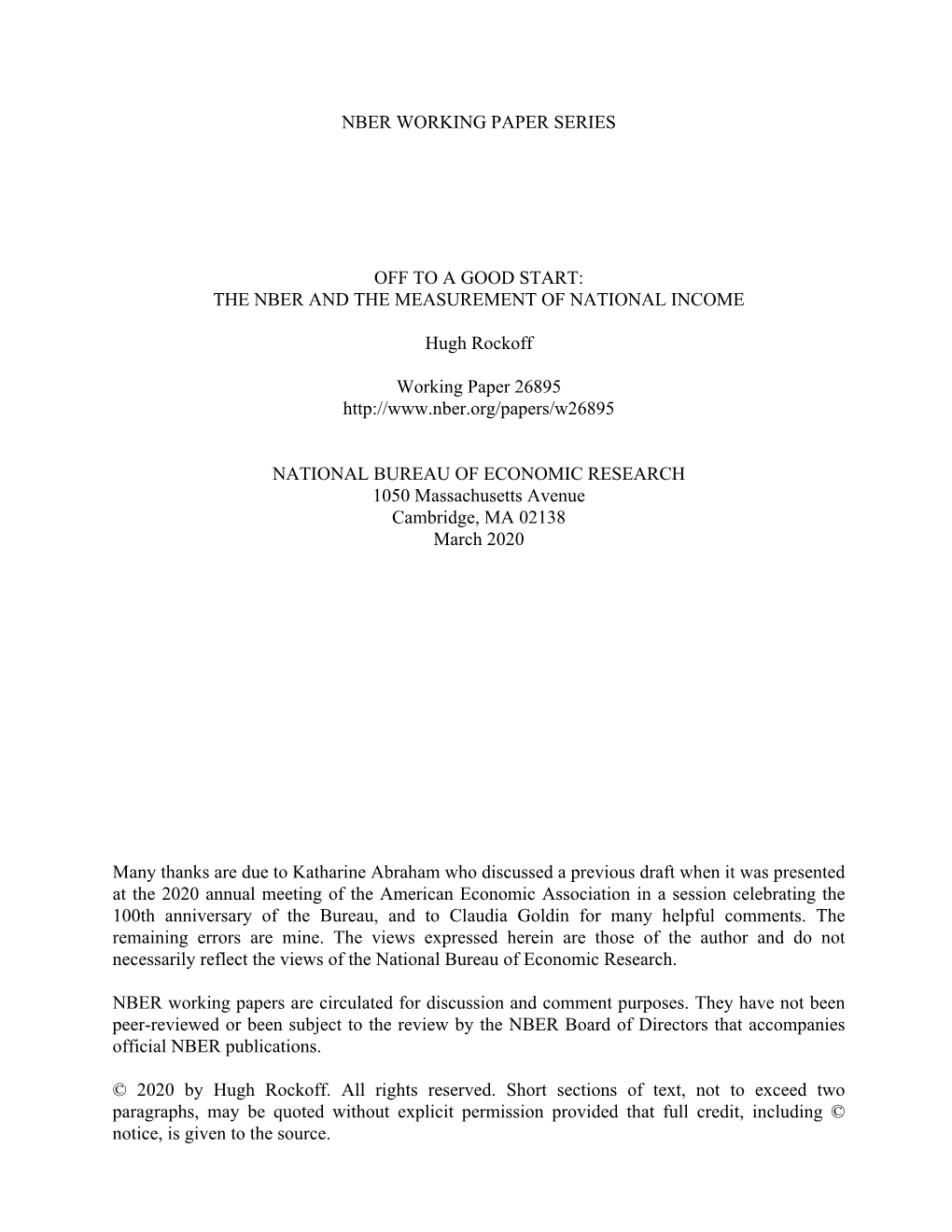 Off to a Good Start: the Nber and the Measurement of National Income