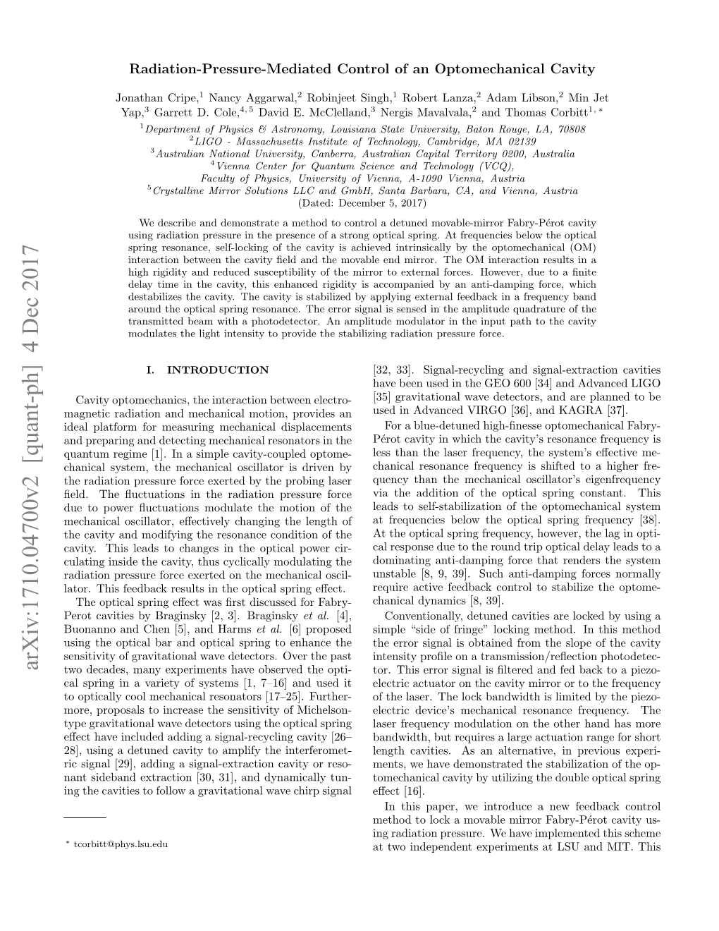 Arxiv:1710.04700V2 [Quant-Ph] 4 Dec 2017 Two Decades, Many Experiments Have Observed the Opti- Tor