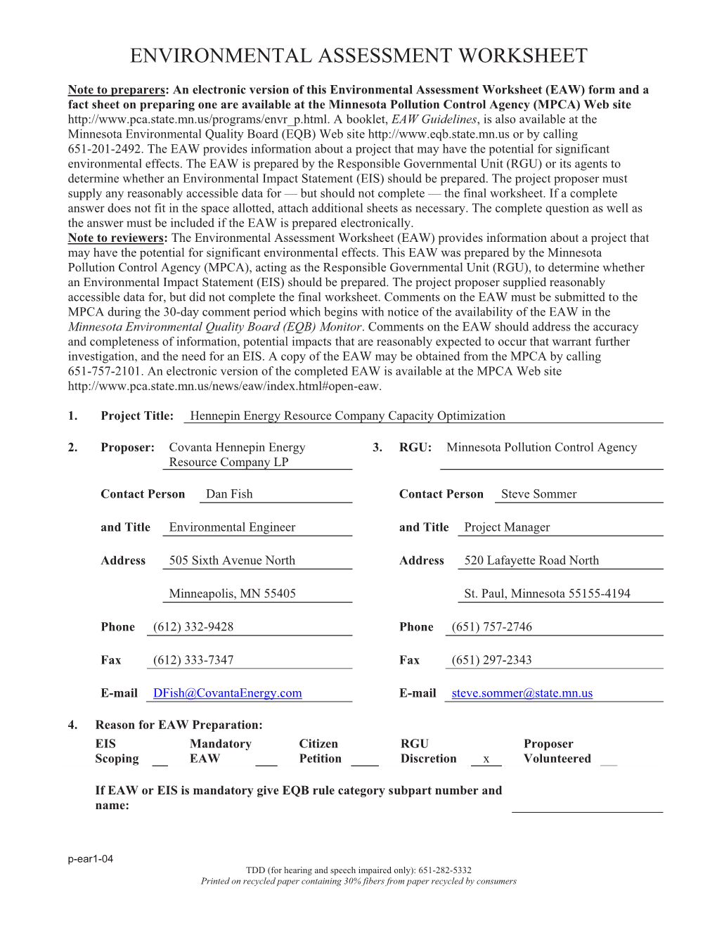 HERC Environmental Assessment Worksheet