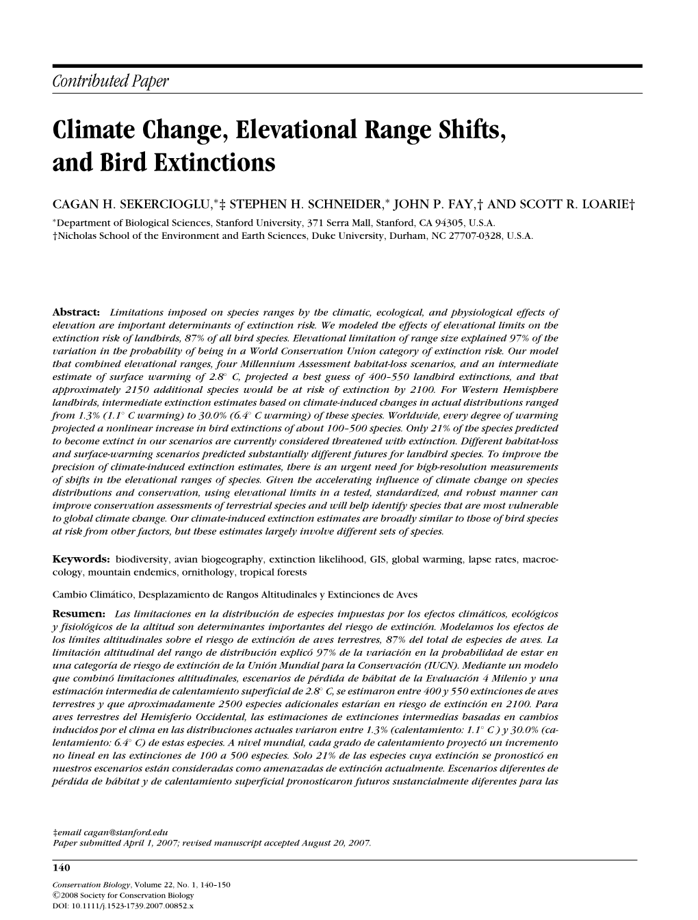 Climate Change, Elevational Range Shifts, and Bird Extinctions