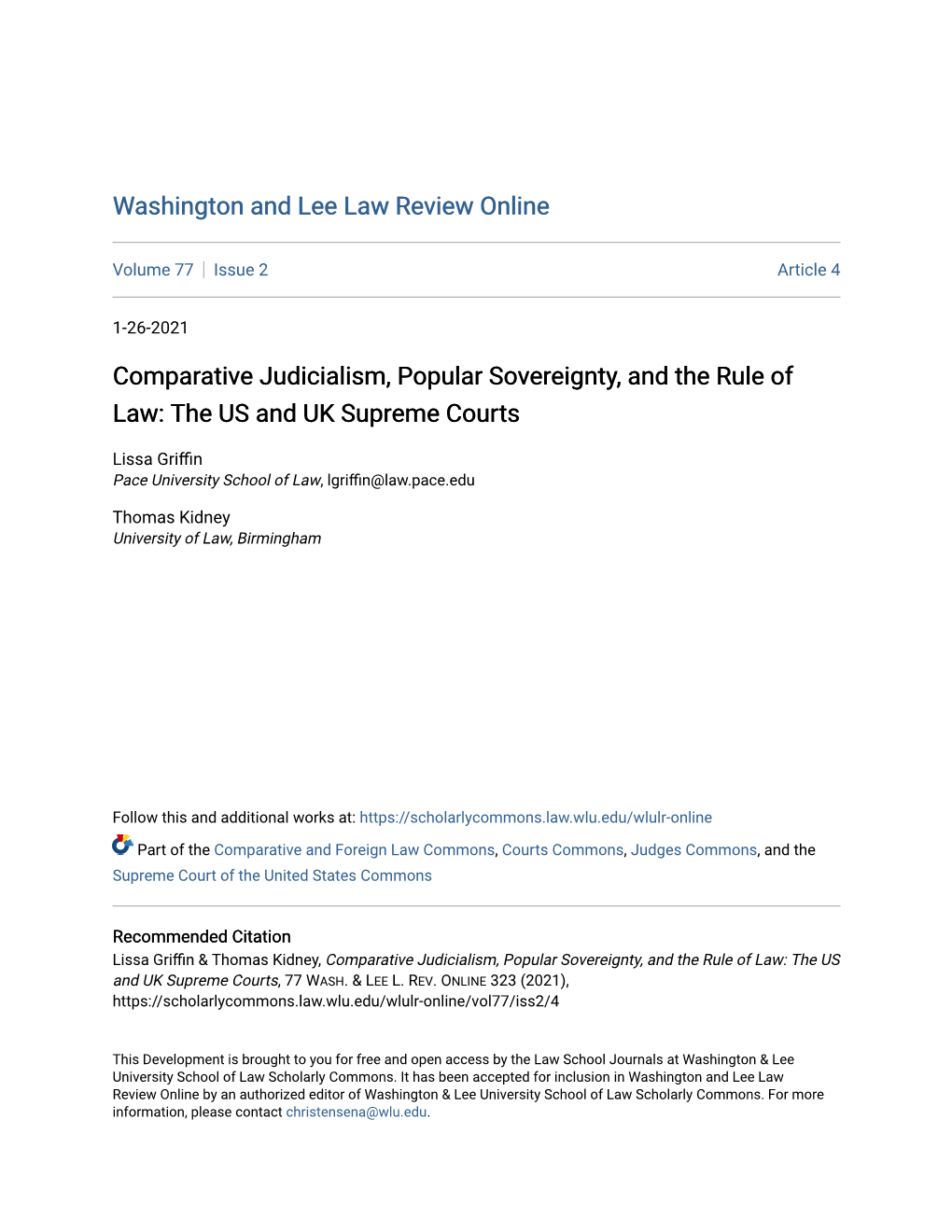 Comparative Judicialism, Popular Sovereignty, and the Rule of Law: the US and UK Supreme Courts