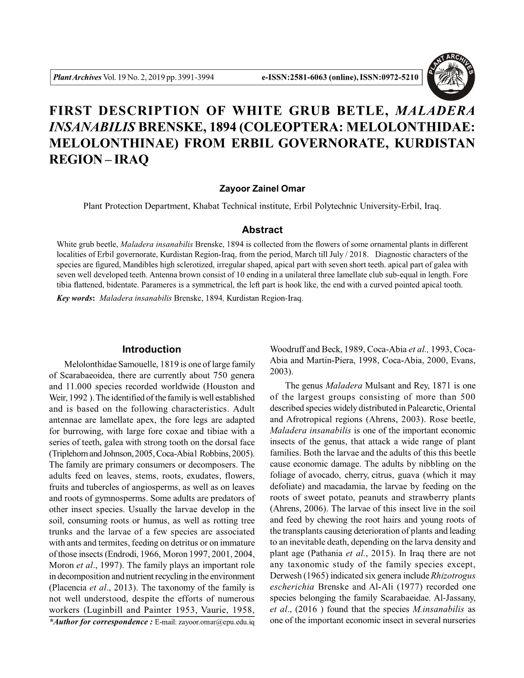 First Description of White Grub Betle, Maladera Insanabilis Brenske, 1894 (Coleoptera: Melolonthidae: Melolonthinae) from Erbil Governorate, Kurdistan Region – Iraq