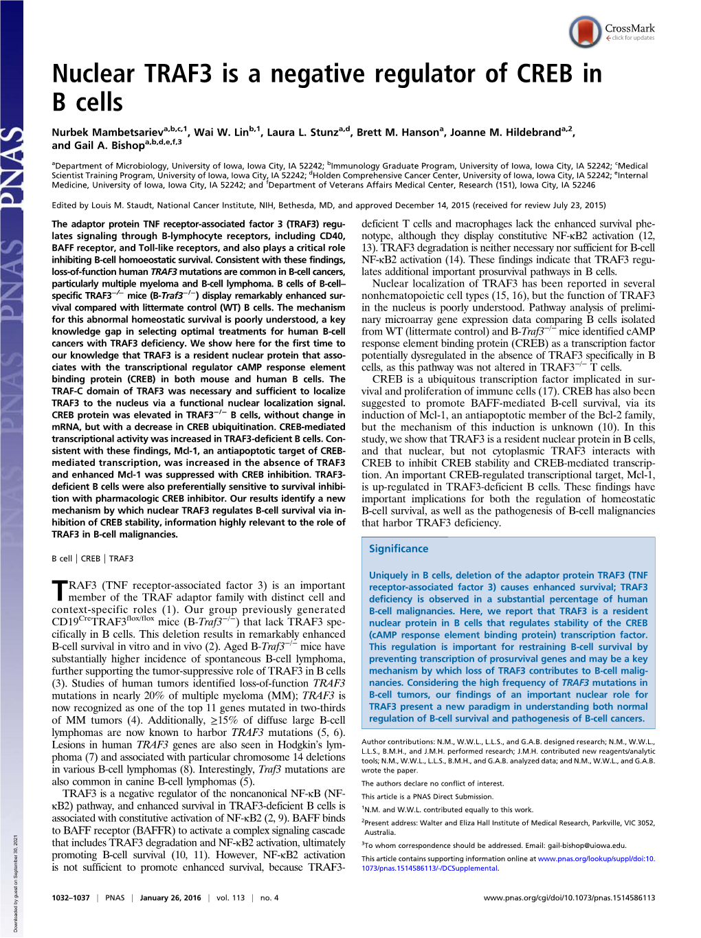 Nuclear TRAF3 Is a Negative Regulator of CREB in B Cells