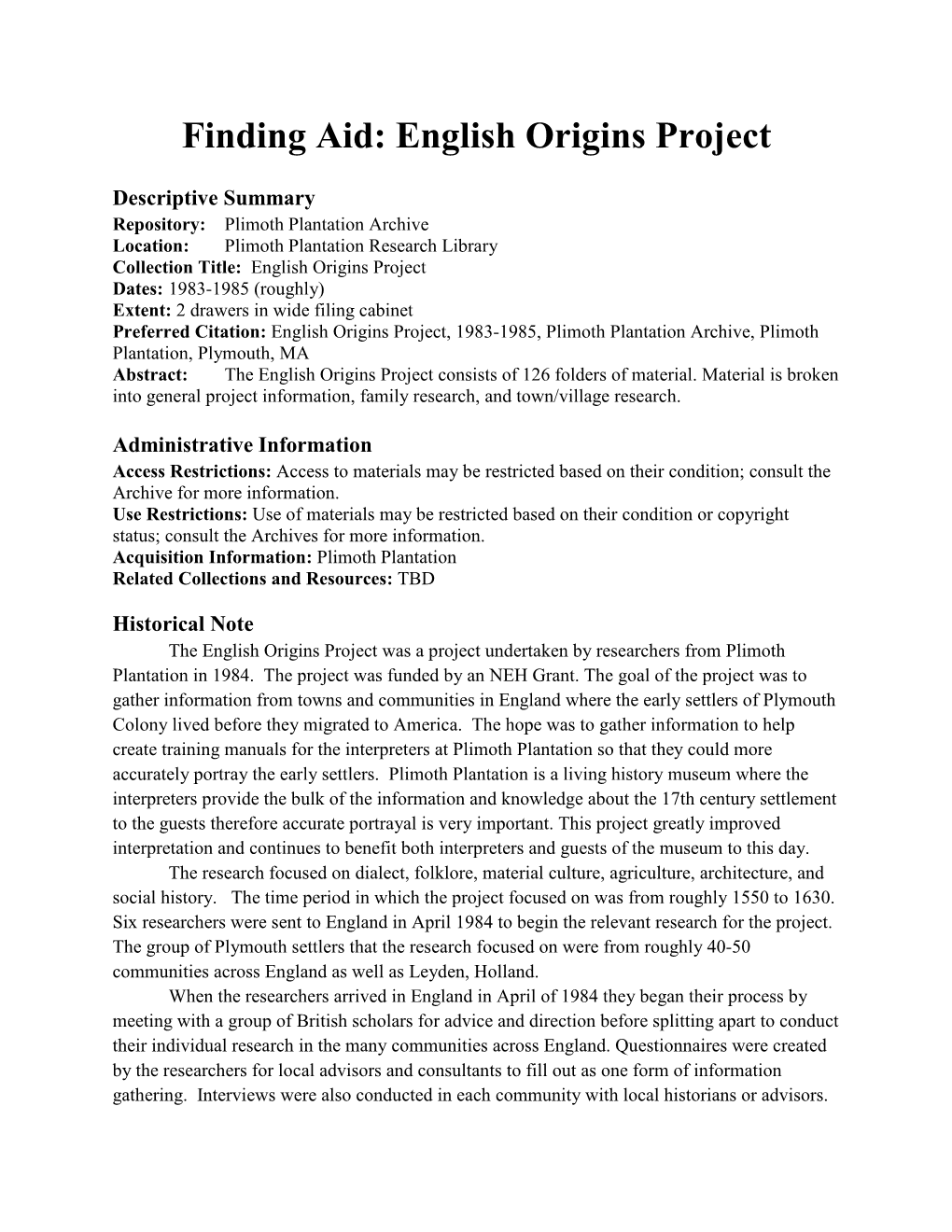 Finding Aid: English Origins Project
