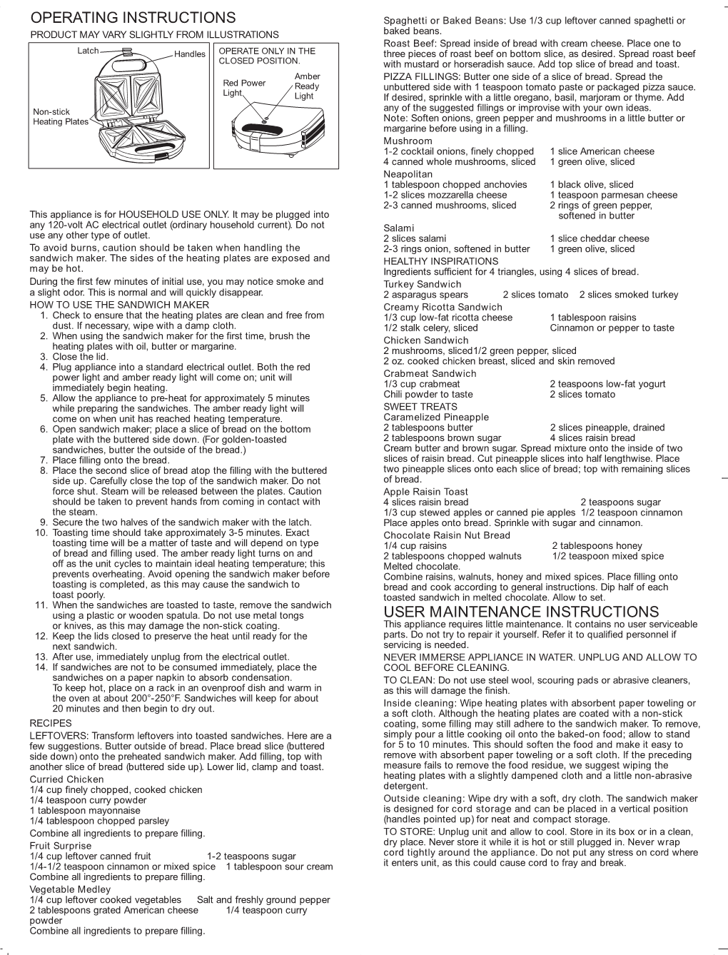 Operating Instructions User Maintenance Instructions