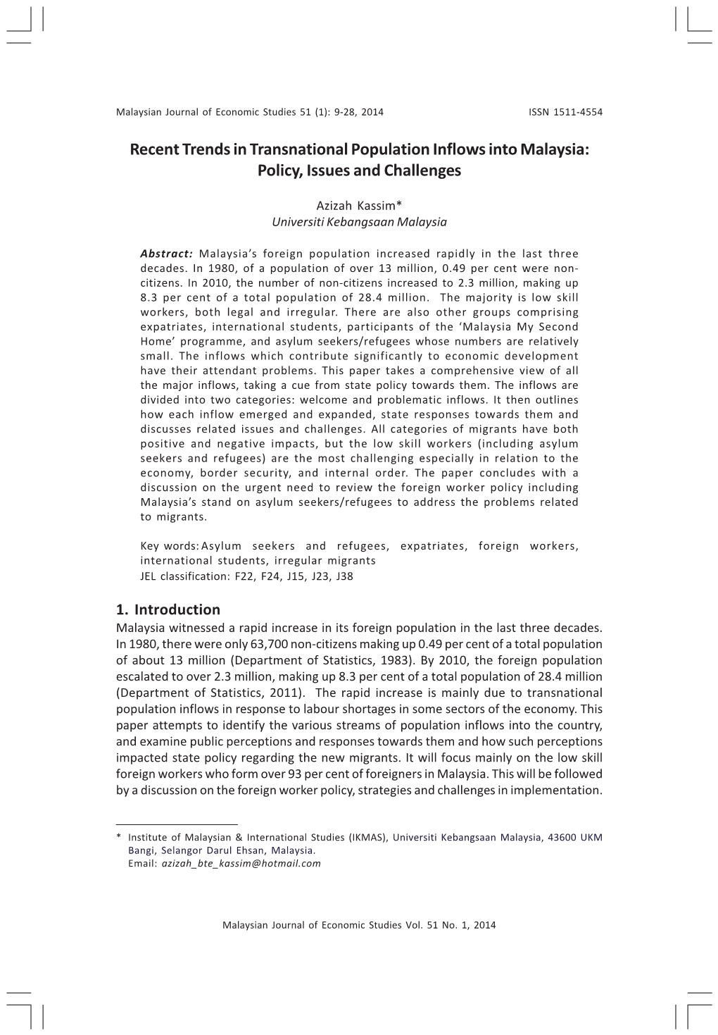 Recent Trends in Transnational Population Inflows Into Malaysia: Policy, Issues and Challenges