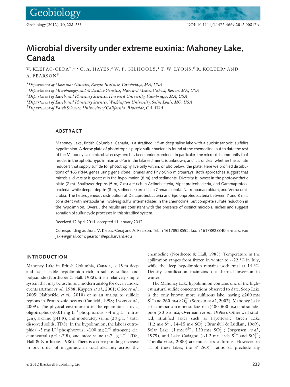 Microbial Diversity Under Extreme Euxinia: Mahoney Lake, Canada V