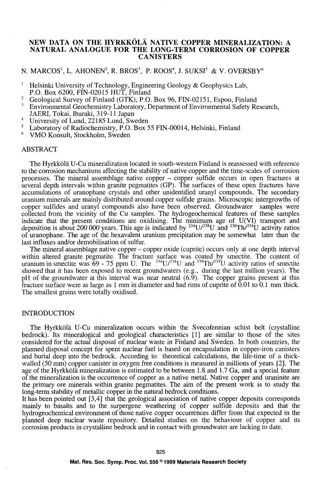 New Data on the Hyrkkola Native Copper Mineralization: a Natural Analogue for the Long-Term Corrosion of Copper Canisters