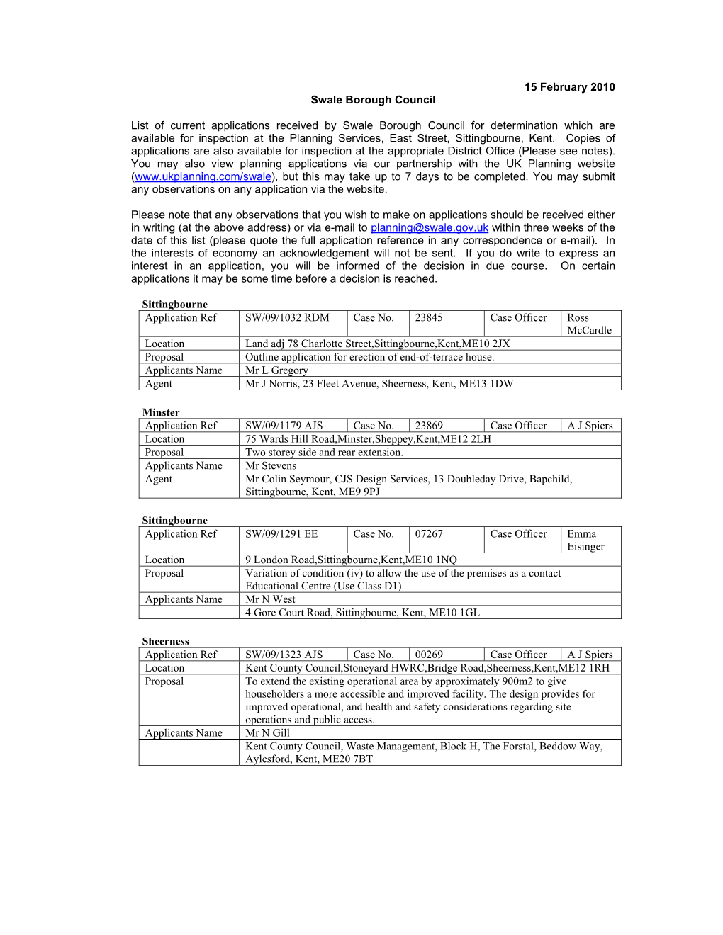 15 February 2010 Swale Borough Council List of Current Applications