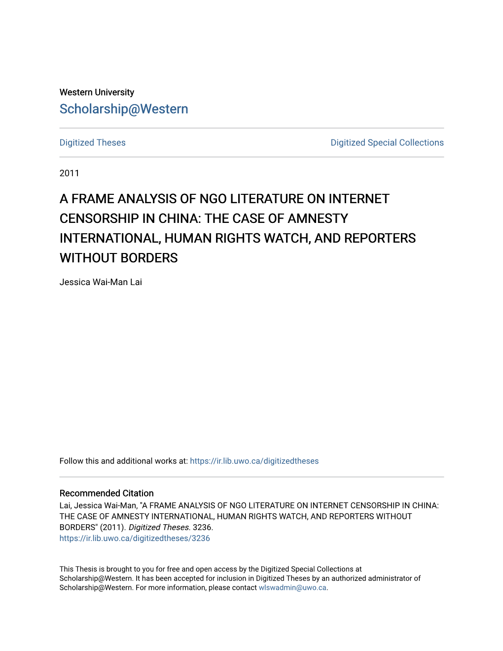 A Frame Analysis of Ngo Literature on Internet Censorship in China: the Case of Amnesty International, Human Rights Watch, and Reporters Without Borders