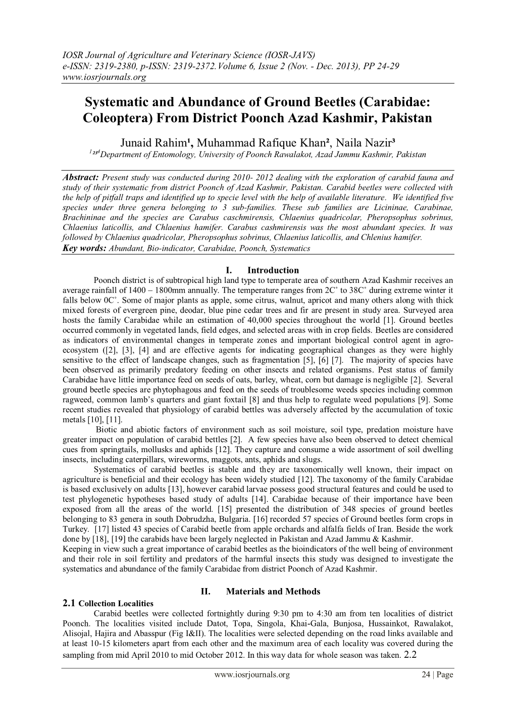 Systematic and Abundance of Ground Beetles (Carabidae: Coleoptera) from District Poonch Azad Kashmir, Pakistan