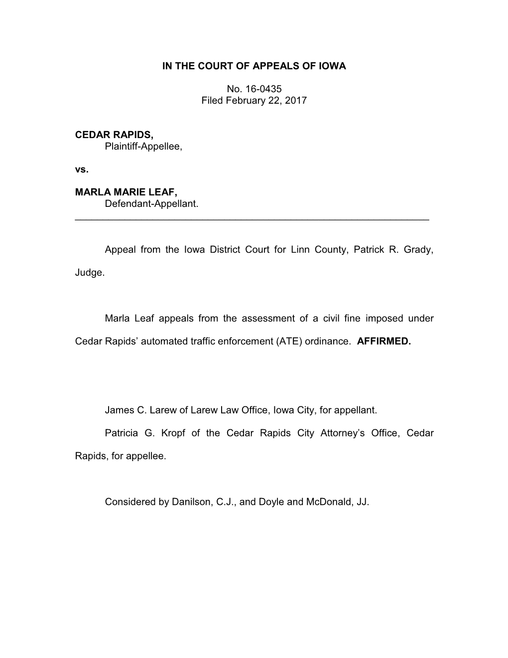 IN the COURT of APPEALS of IOWA No. 16-0435 Filed February