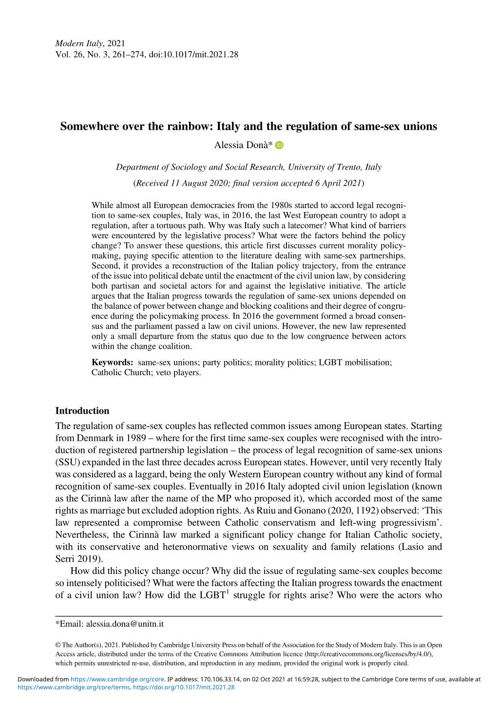 Italy and the Regulation of Same-Sex Unions Alessia Donà*