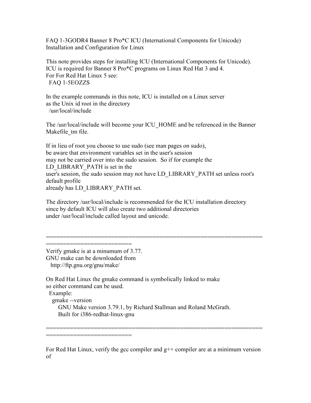 FAQ 1-3GODR4 Banner 8 Pro*C ICU (International Components for Unicode) Installation and Configuration for Linux