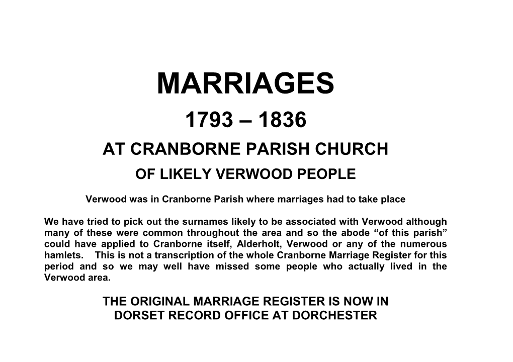 Marriages 1793 –1836 at Cranborne Parish Church of Likely Verwood People