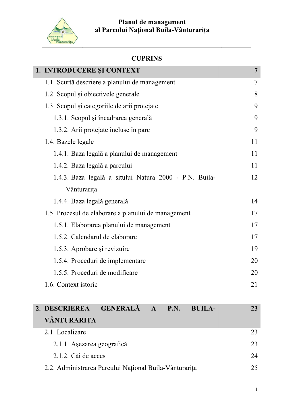 Planul De Management Al Parcului Naţional Buila-Vânturariţa