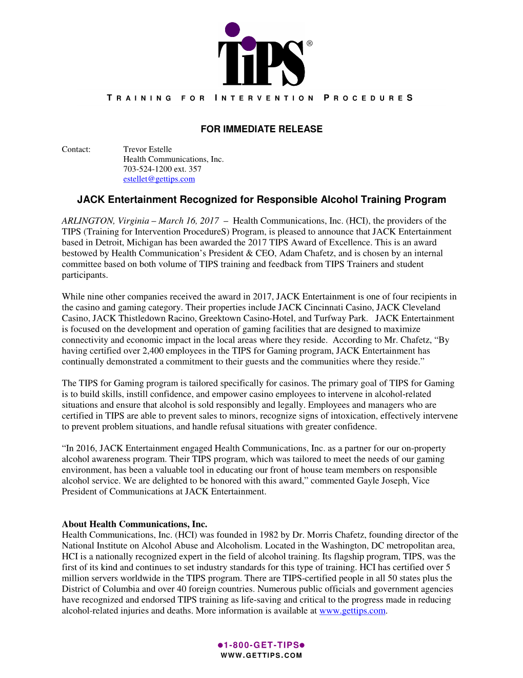 JACK Entertainment Recognized for Responsible Alcohol Training Program