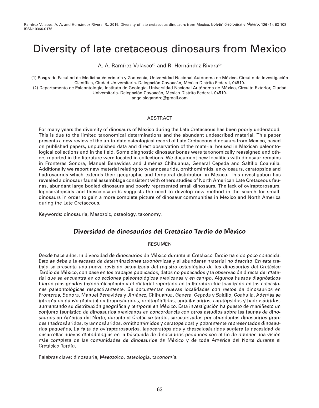 Diversity of Late Cretaceous Dinosaurs from Mexico. Boletín Geológico Y Minero, 126 (1): 63-108 ISSN: 0366-0176