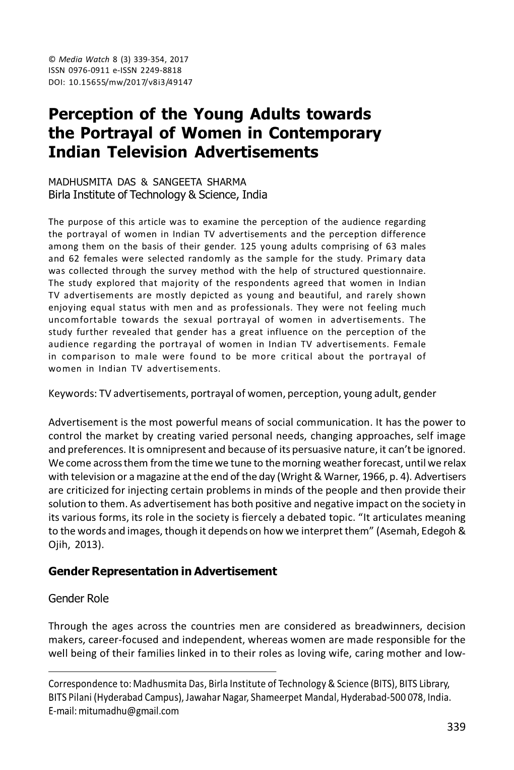 Perception of the Young Adults Towards the Portrayal of Women in Contemporary Indian Television Advertisements