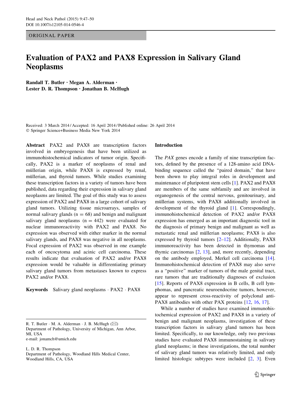 Evaluation of PAX2 and PAX8 Expression in Salivary Gland Neoplasms