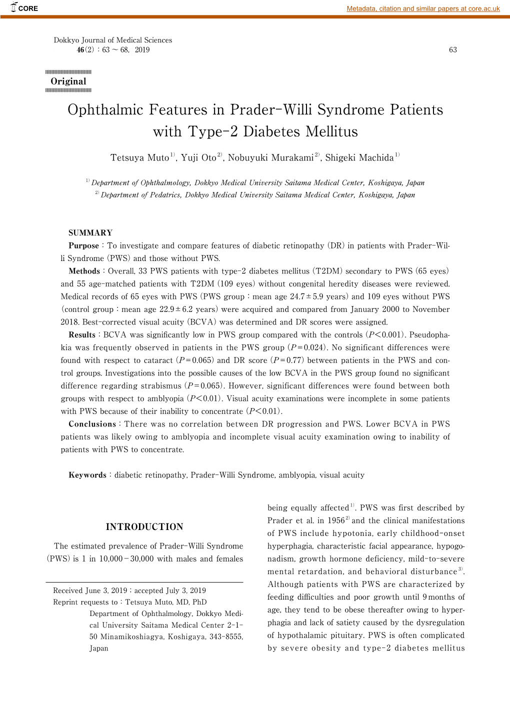 Ophthalmic Features in Prader-Willi Syndrome Patients with Type-2 Diabetes Mellitus