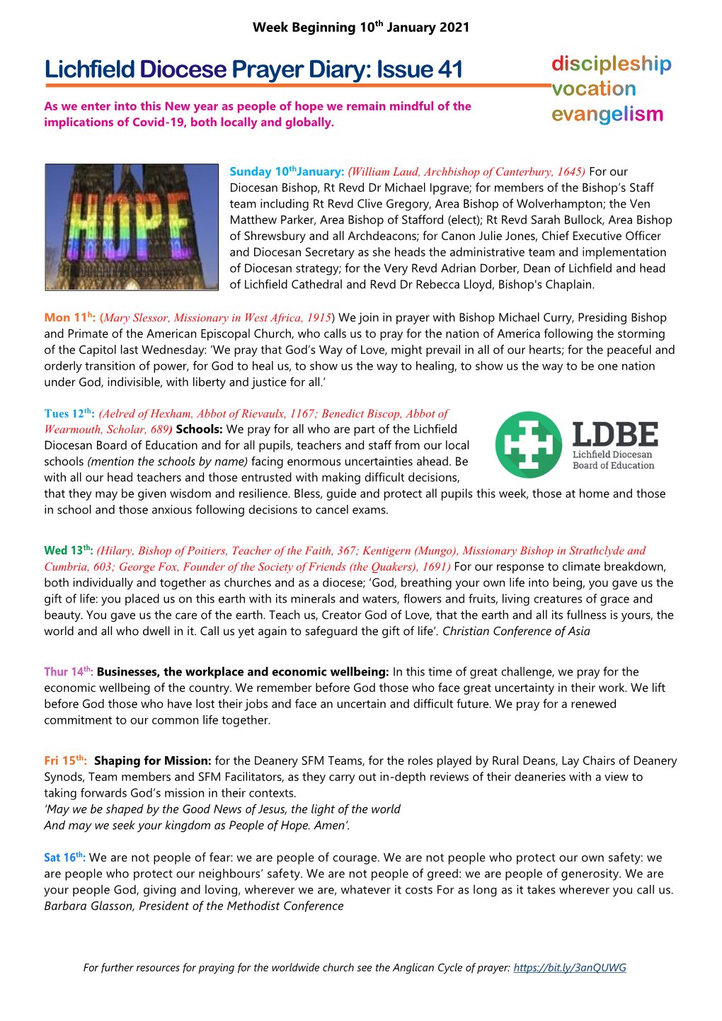 Lichfield Diocese Prayer Diary: Issue 41