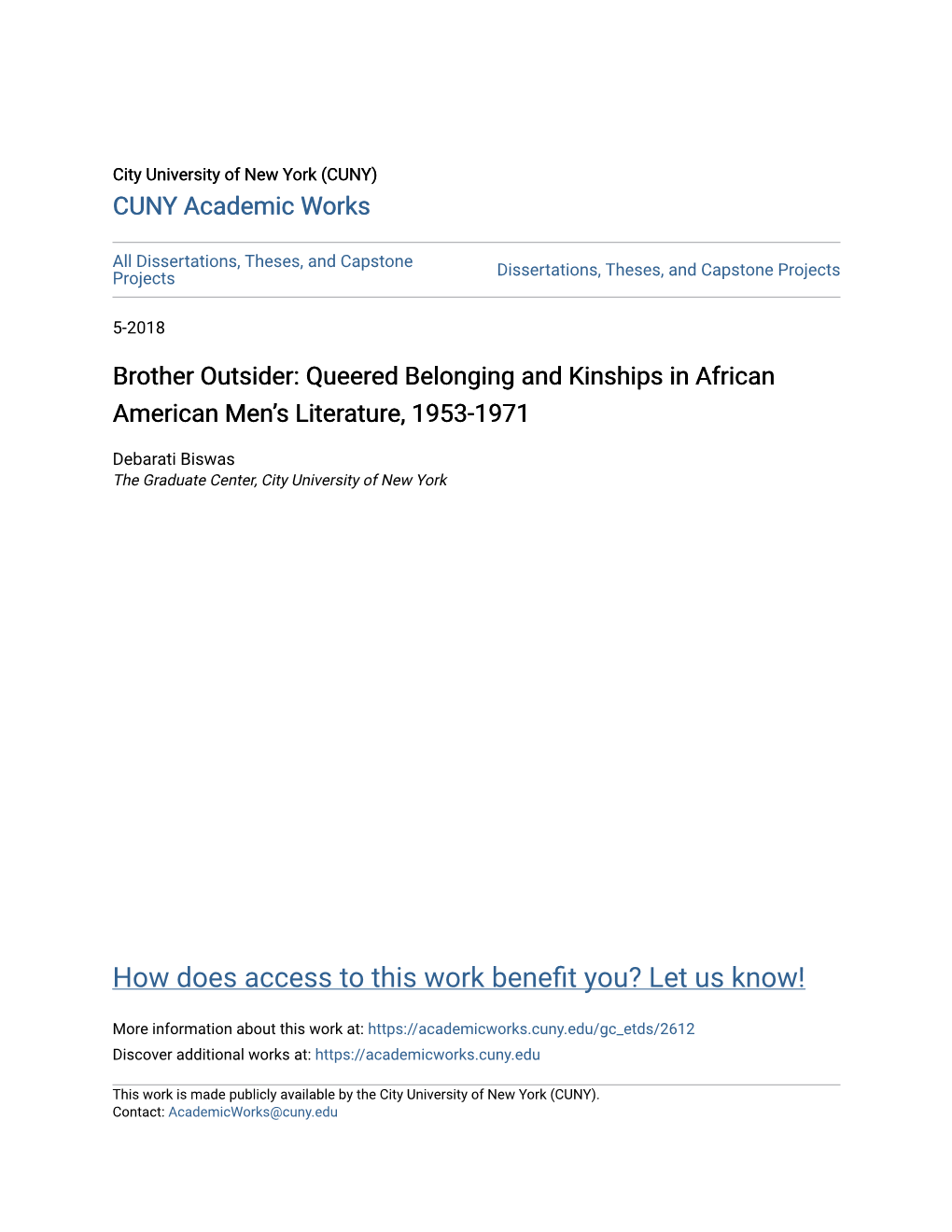 Brother Outsider: Queered Belonging and Kinships in African American Men’S Literature, 1953-1971