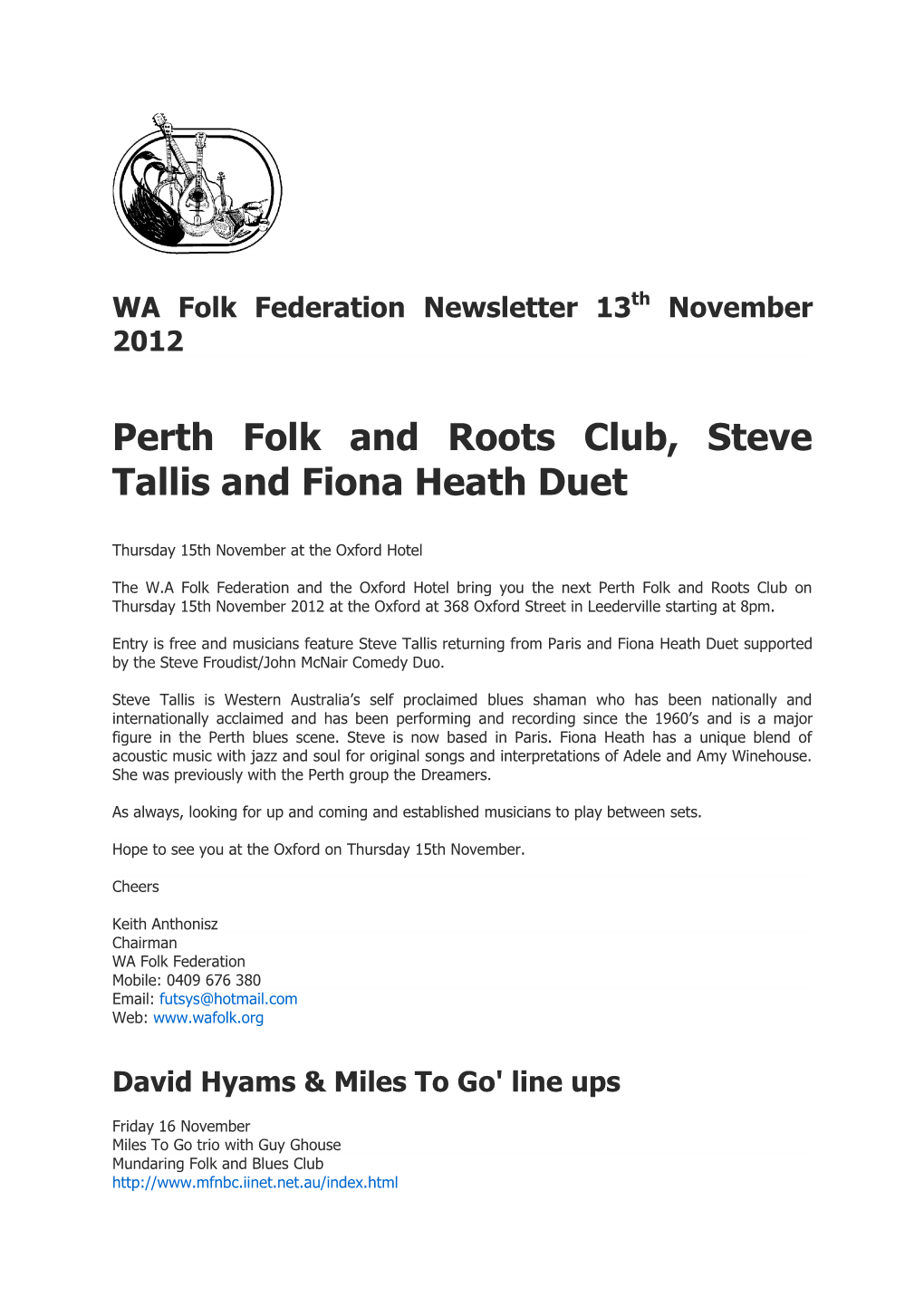 Perth Folk and Roots Club, Steve Tallis and Fiona Heath Duet