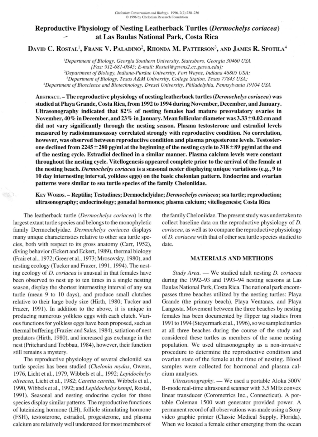 Reproductive Physiology of Nesting Leatherback Turtles (Dermochelys Coriacea) at Las Baulas National Park, Costa Rica