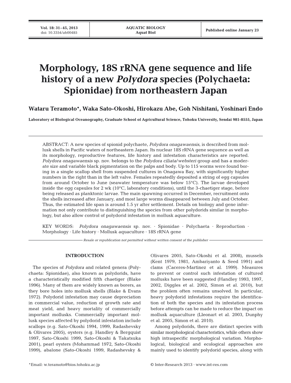 Morphology, 18S Rrna Gene Sequence and Life History of a New Polydora Species (Polychaeta: Spionidae) from Northeastern Japan