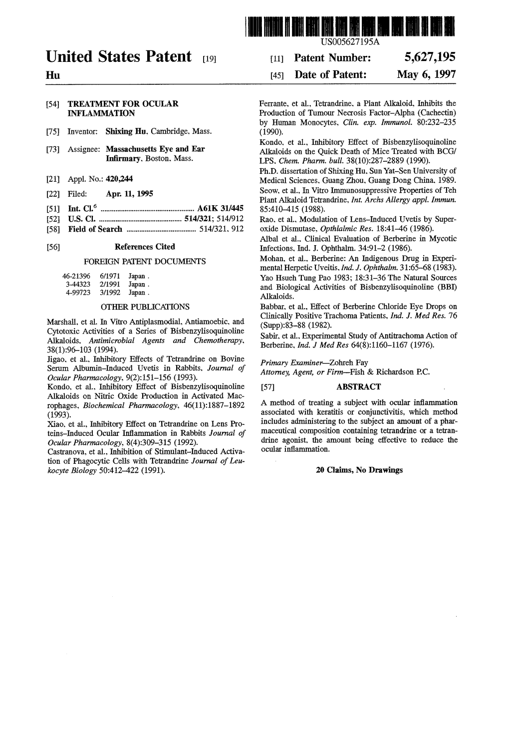 United States Patent (19) 11 Patent Number: 5,627,195 Hu 45 Date of Patent: May 6, 1997