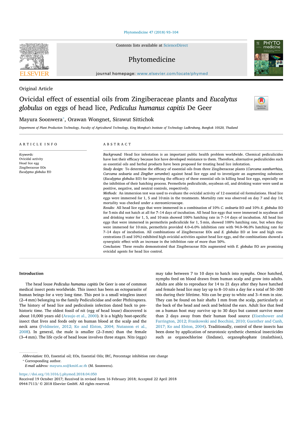 Phytomedicine Ovicidal Effect of Essential Oils from Zingiberaceae