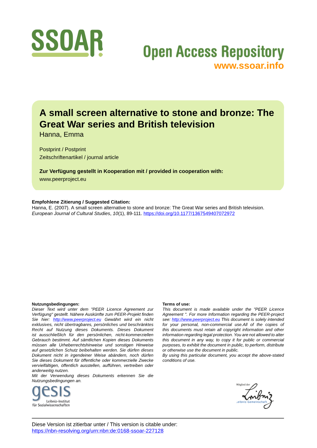 The Great War Series and British Television Hanna, Emma