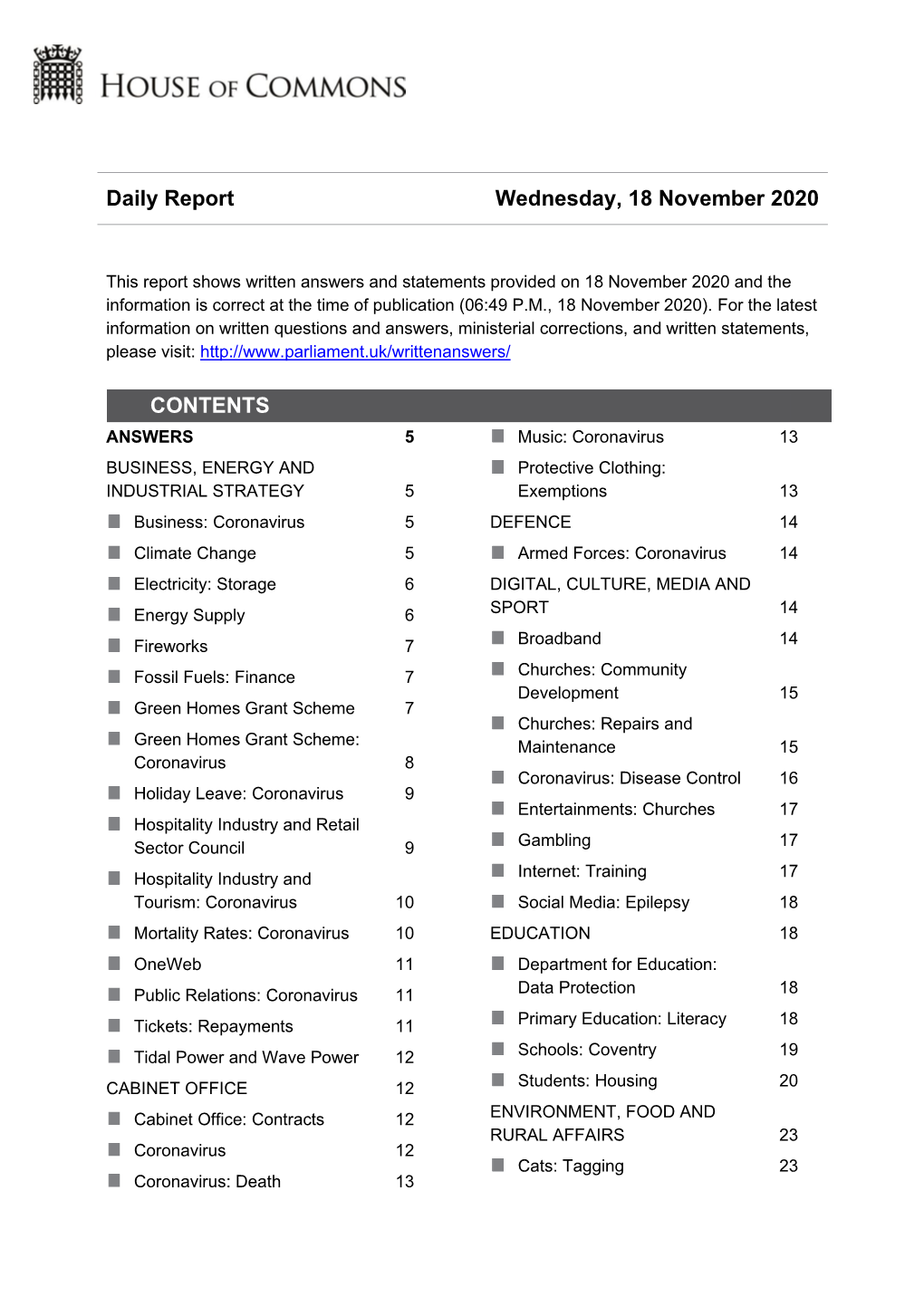 Daily Report Wednesday, 18 November 2020 CONTENTS