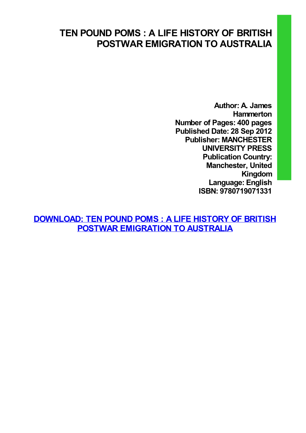 Ten Pound Poms : a Life History of British Postwar Emigration to Australia