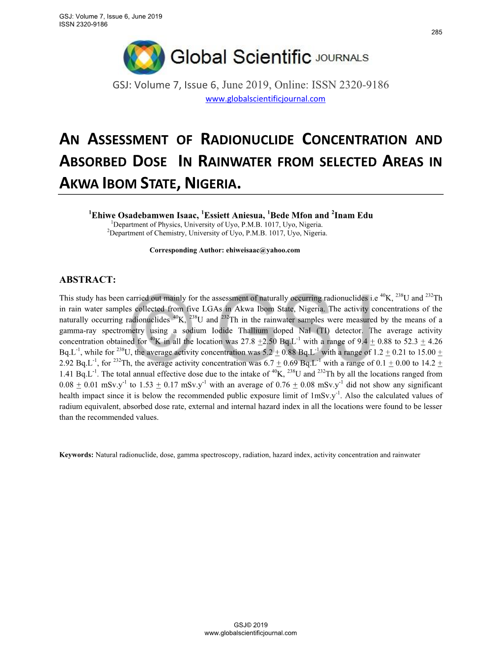 An Assessment of Radionuclide Concentration and Absorbed Dose in Rainwater from Selected Areas in Akwa Ibom State, Nigeria
