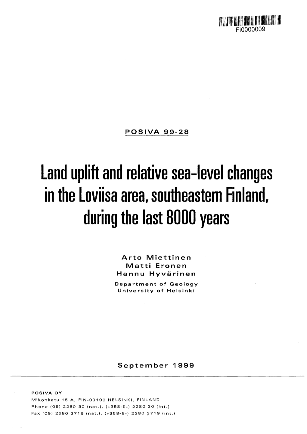 Land Uplift and Relative Sea-Level Changes in the Loviisa Area, Southeastern Finland, During the Last 8000 Years