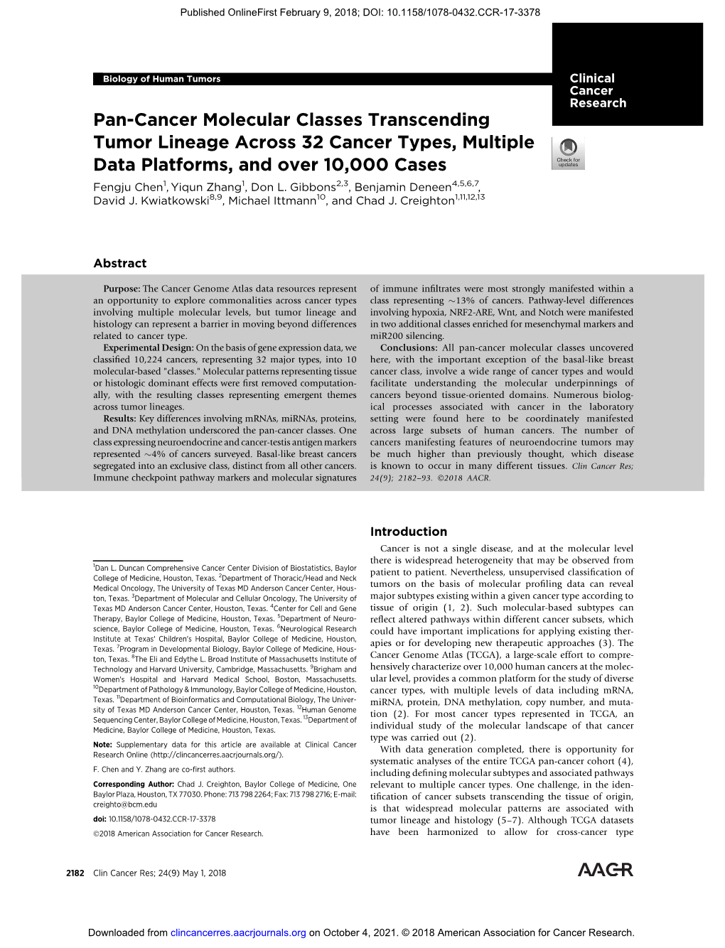 Pan-Cancer Molecular Classes Transcending Tumor Lineage Across 32 Cancer Types, Multiple Data Platforms, and Over 10,000 Cases Fengju Chen1, Yiqun Zhang1, Don L