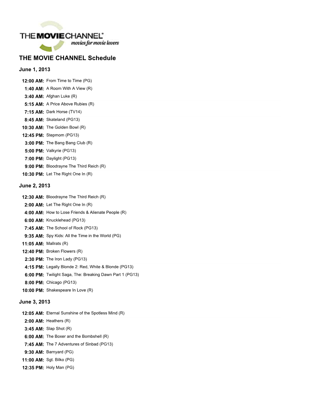 THE MOVIE CHANNEL Schedule