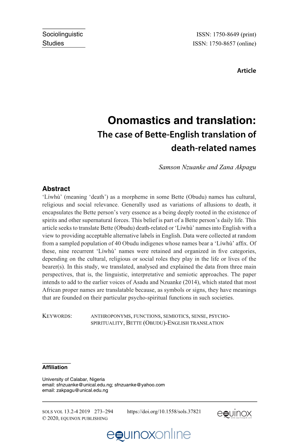 Onomastics and Translation: the Case of Bette-English Translation of Death-Related Names