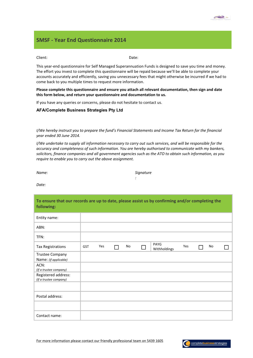 SMSF - Year End Questionnaire 2013