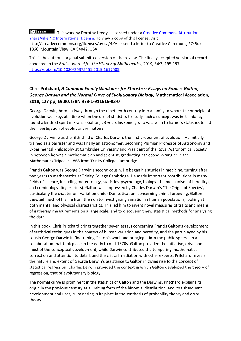 Essays on Francis Galton, George Darwin and the Normal Curve of Evolutionary Biology, Mathematical Association, 2018, 127 Pp, £9.00, ISBN 978-1-911616-03-0