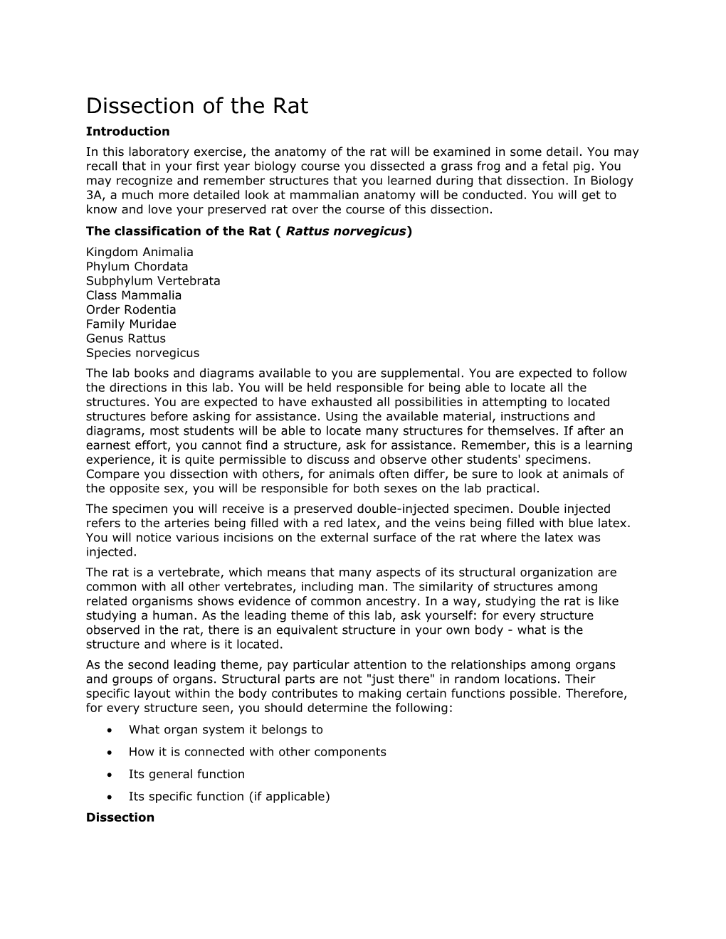 The Classification of the Rat ( Rattus Norvegicus)