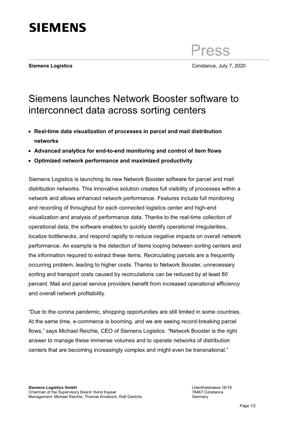 Siemens Launches Network Booster Software to Interconnect Data Across Sorting Centers