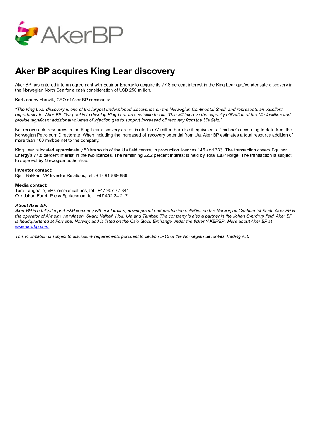 Aker BP Acquires King Lear Discovery
