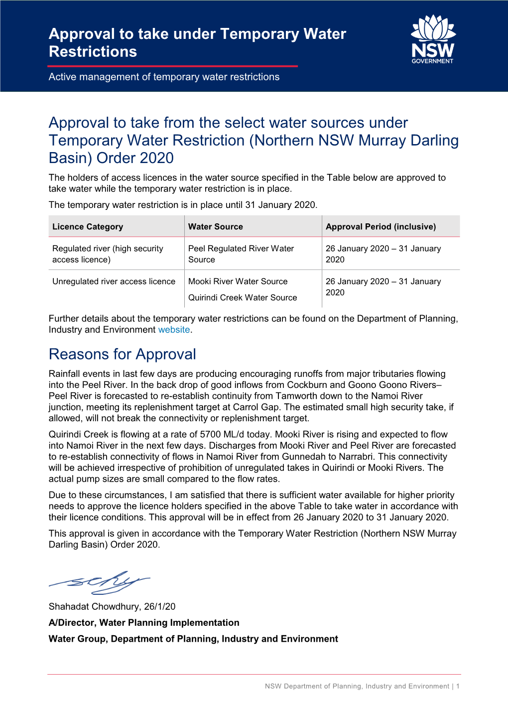Approval to Take Under Temporary Water Restrictions